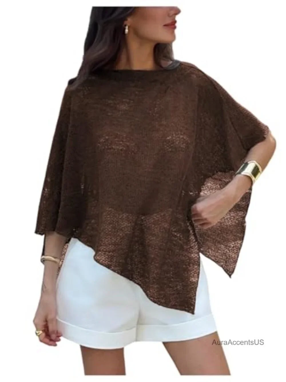 Sheer Knit Poncho Shrug Bolero Cape Top Y2K Hollow Out Lightweight Cover Up